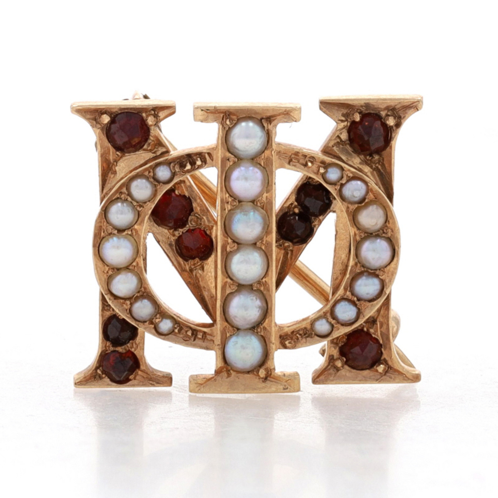 Yellow Gold Phi Mu Badge - 14k Garnet & Seed Pearl Antique 1900s Sorority Pin